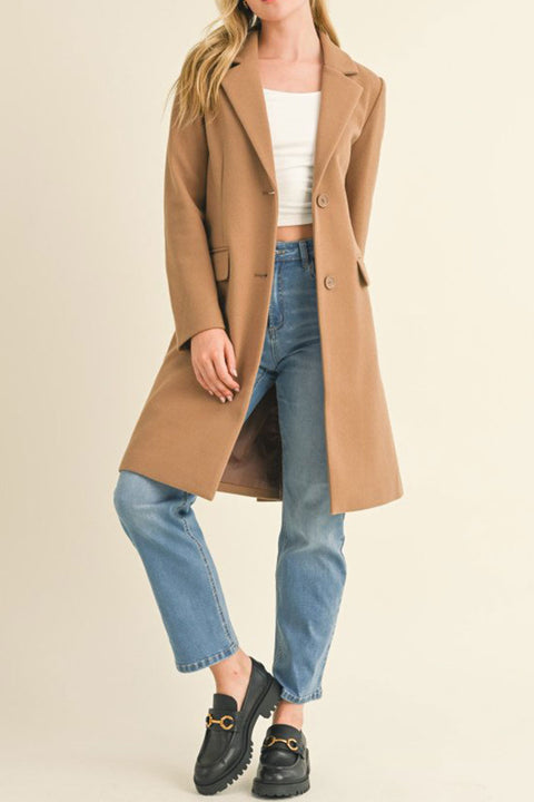 Notched Lapel Single Breasted Long Coat With Pocket