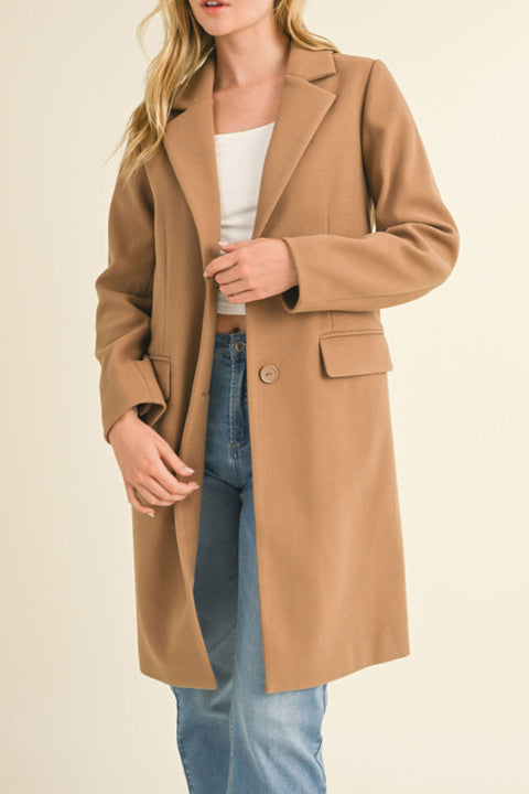 Notched Lapel Single Breasted Long Coat With Pocket