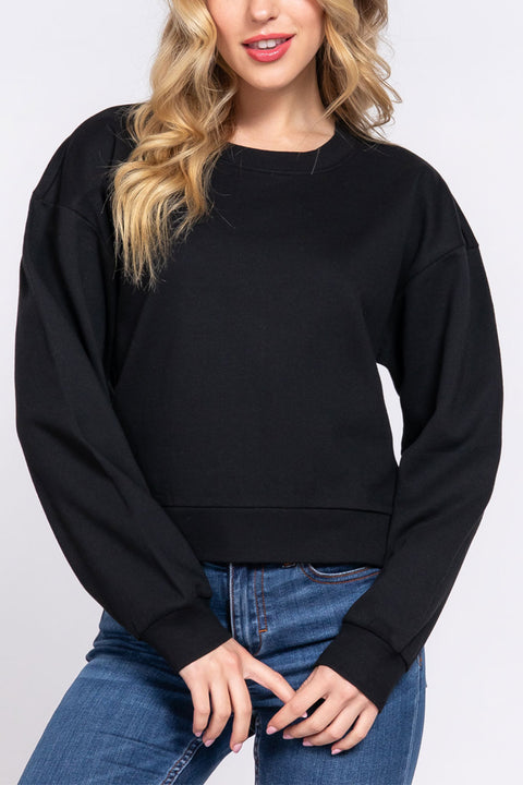 Basic Fleece French Terry Long Sleeve Round Neck Crop Sweatshirt