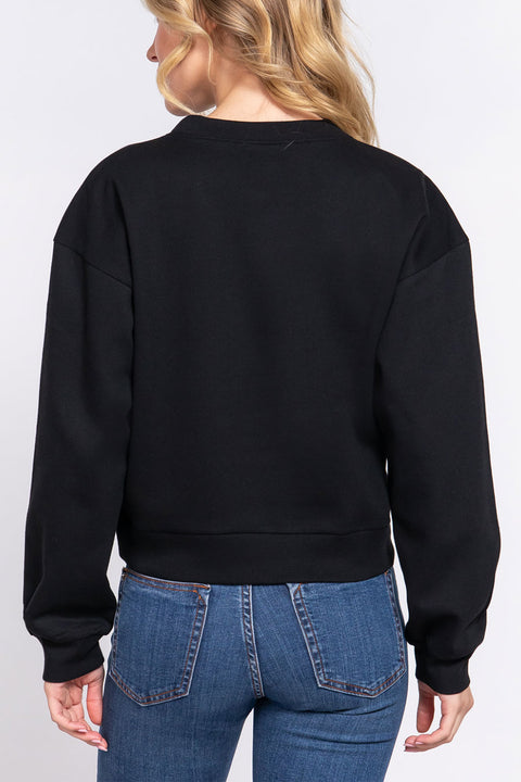 Basic Fleece French Terry Long Sleeve Round Neck Crop Sweatshirt