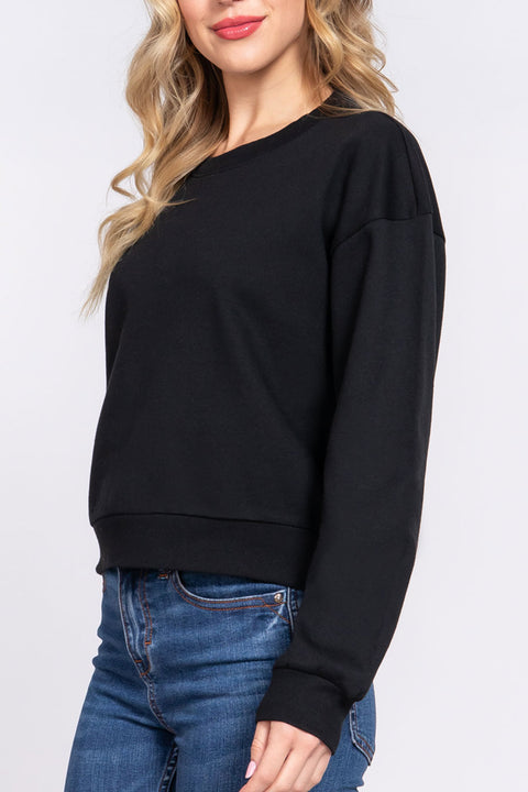 Basic Fleece French Terry Long Sleeve Round Neck Crop Sweatshirt