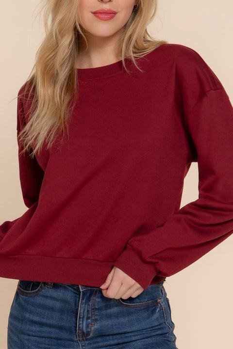 Basic Fleece French Terry Long Sleeve Round Neck Crop Sweatshirt