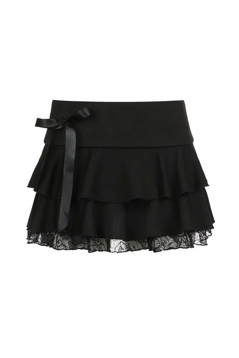 Dark Coquette Lace-Tiered Ruffle Mini Skirt with Side Bow Detail