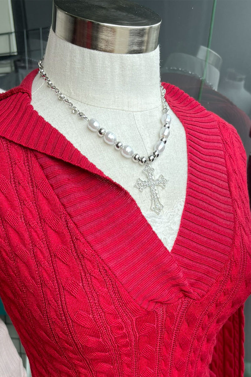 2000s Vintage Pearl Rhine Stone Cross Necklace– HyperBees