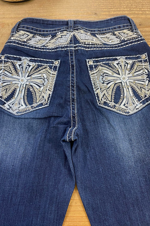 2000s Style Chrome Heart Cross Shape Rhinestone Bling Back Pocket & Back Yoke High-Rise Bootcut Jean with Good Stretch