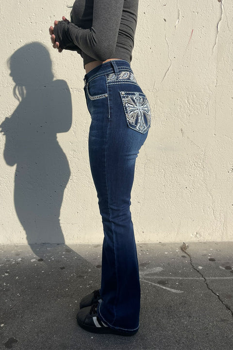 2000s Style Chrome Heart Cross Shape Rhinestone Bling Back Pocket & Back Yoke High-Rise Bootcut Jean with Good Stretch