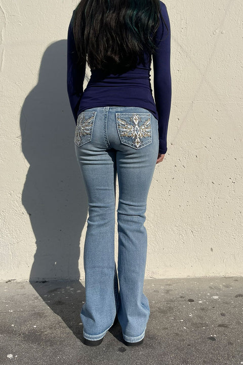 2000s Style Angel Wings Shape Rhinestone Bling Back Pocket Bootcut Jean with Good Stretch