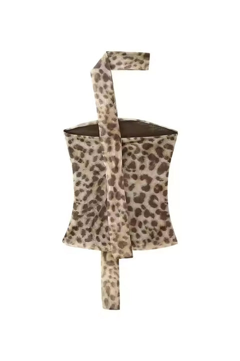 2000s Style Leopard Print Mesh Ruched Tube Top with Neck Scarf