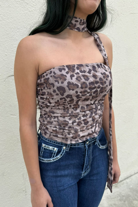 2000s Style Leopard Print Mesh Ruched Tube Top with Neck Scarf