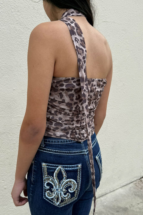 2000s Style Leopard Print Mesh Ruched Tube Top with Neck Scarf