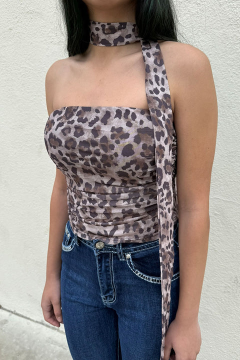 2000s Style Leopard Print Mesh Ruched Tube Top with Neck Scarf