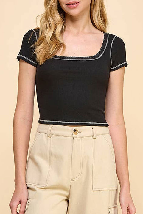 Basic Square Neck Ribbed Top with Scallop Contrast Stitch Detail