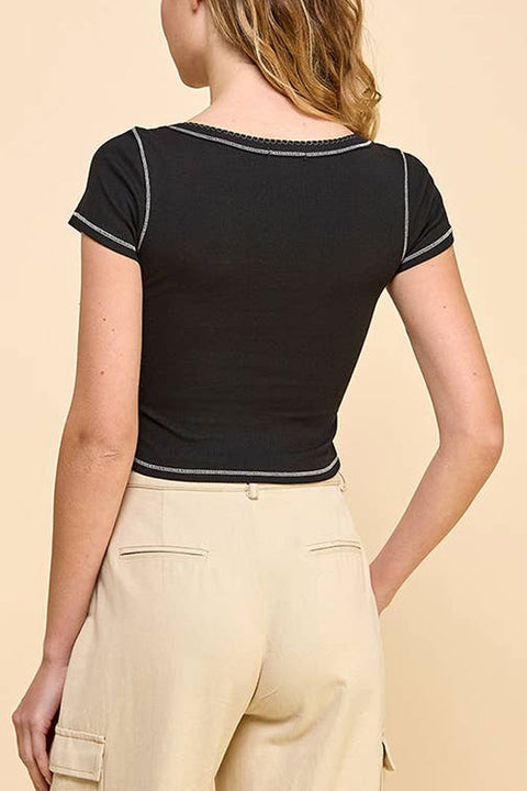 Basic Square Neck Ribbed Top with Scallop Contrast Stitch Detail