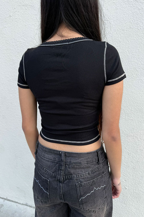 Basic Square Neck Ribbed Top with Scallop Contrast Stitch Detail