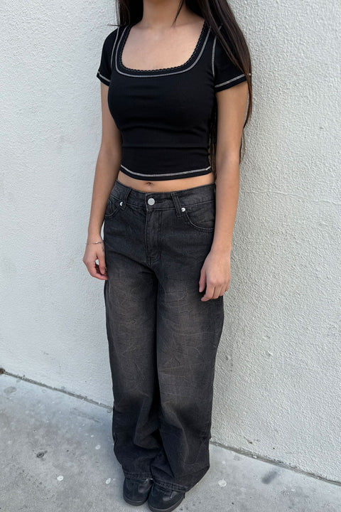 Basic Square Neck Ribbed Top with Scallop Contrast Stitch Detail