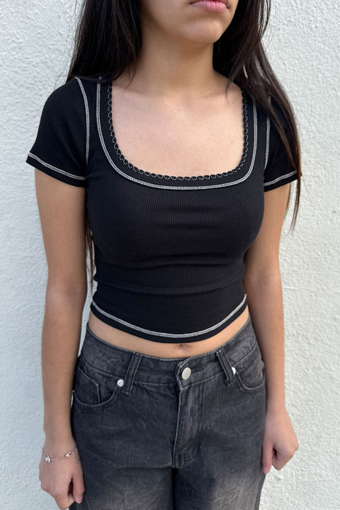 Basic Square Neck Ribbed Top with Scallop Contrast Stitch Detail