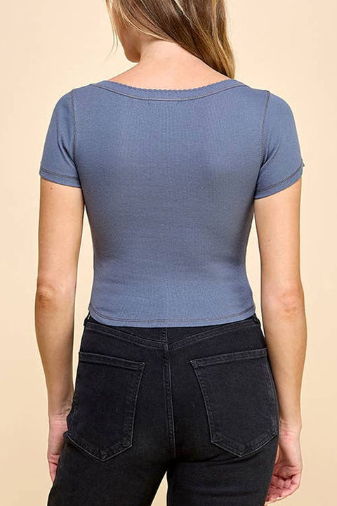 Basic Square Neck Ribbed Top with Scallop Contrast Stitch Detail