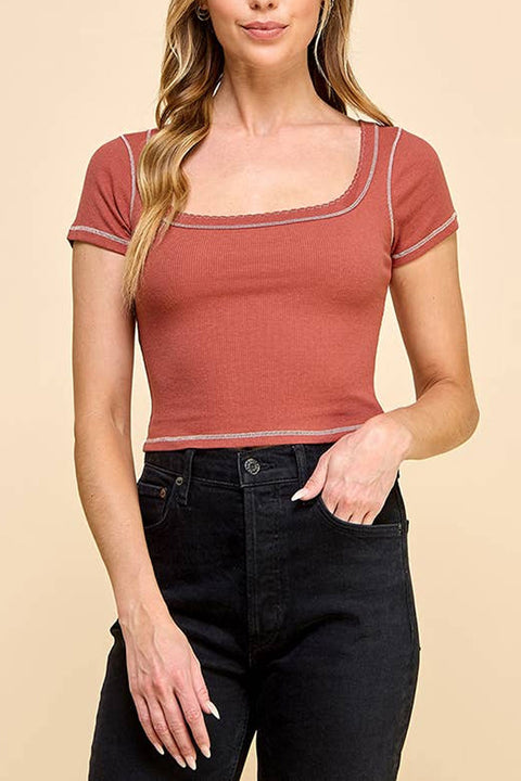 Basic Square Neck Ribbed Top with Scallop Contrast Stitch Detail