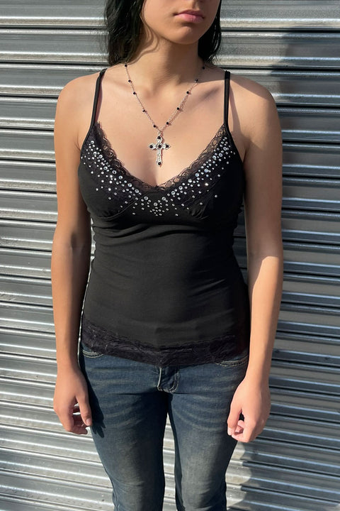 2000s Rhinestone Hotfix V-Neck Cami Knit Top with Laced Hem