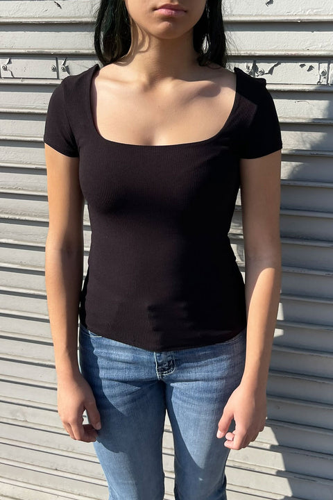 Basic Short Sleeve Square Neck Double Layer Rib Knit Top
