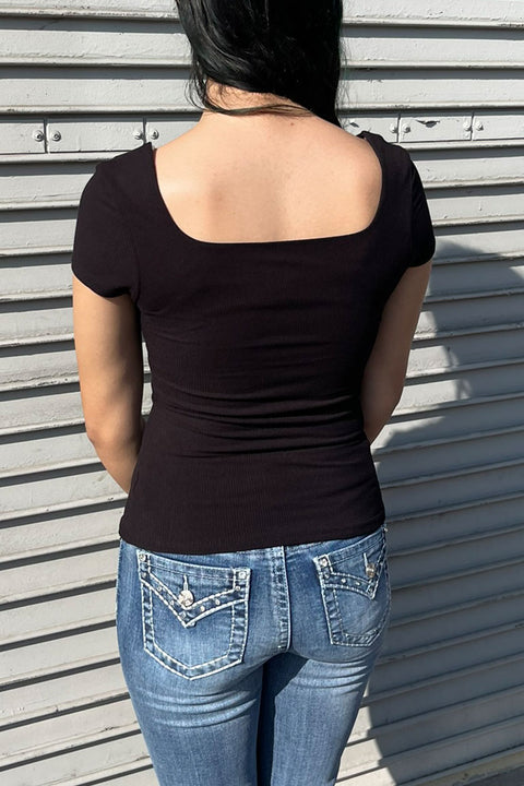 Basic Short Sleeve Square Neck Double Layer Rib Knit Top