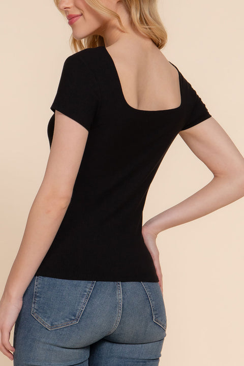 Basic Short Sleeve Square Neck Double Layer Rib Knit Top