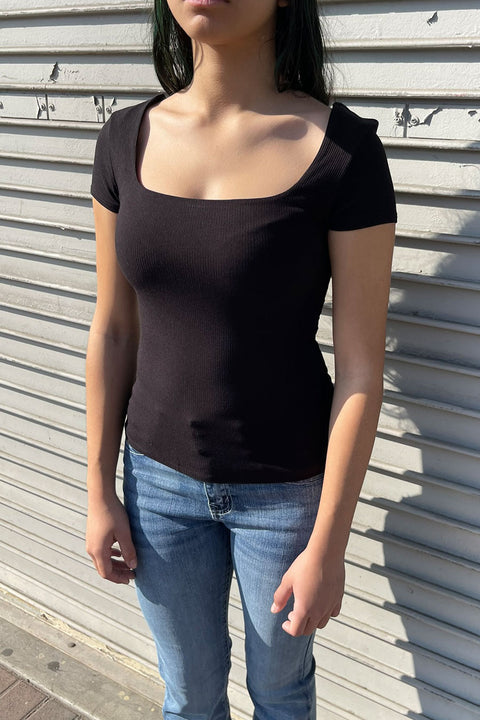 Basic Short Sleeve Square Neck Double Layer Rib Knit Top