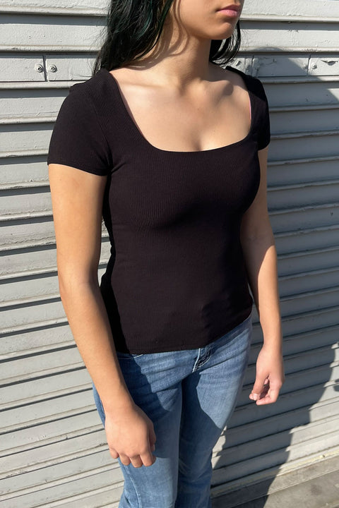 Basic Short Sleeve Square Neck Double Layer Rib Knit Top
