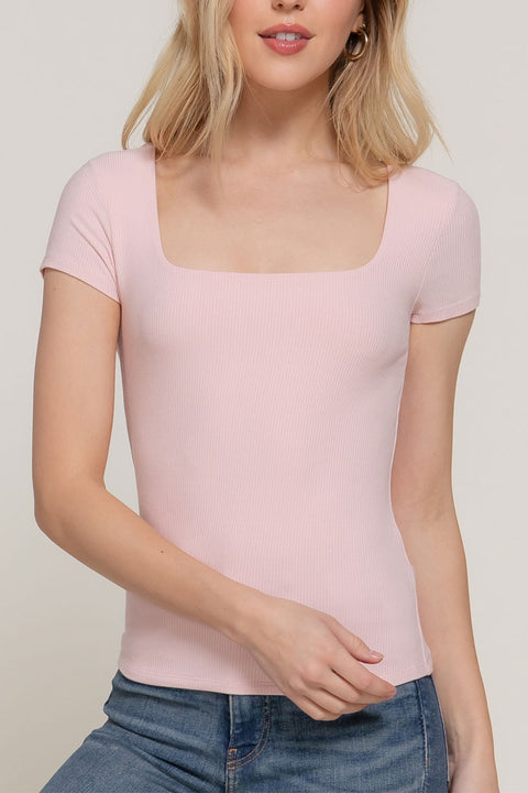 Basic Short Sleeve Square Neck Double Layer Rib Knit Top