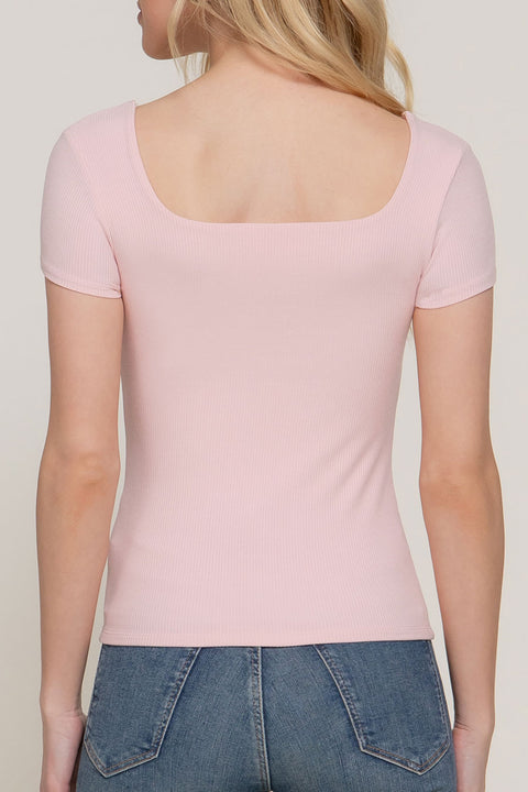 Basic Short Sleeve Square Neck Double Layer Rib Knit Top