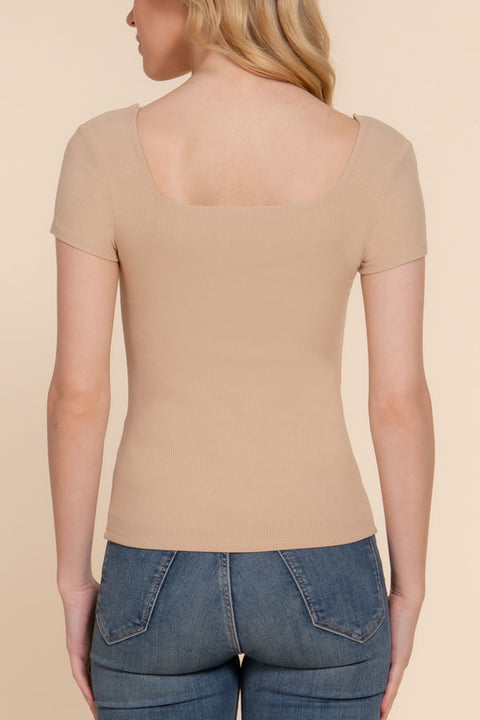 Basic Short Sleeve Square Neck Double Layer Rib Knit Top