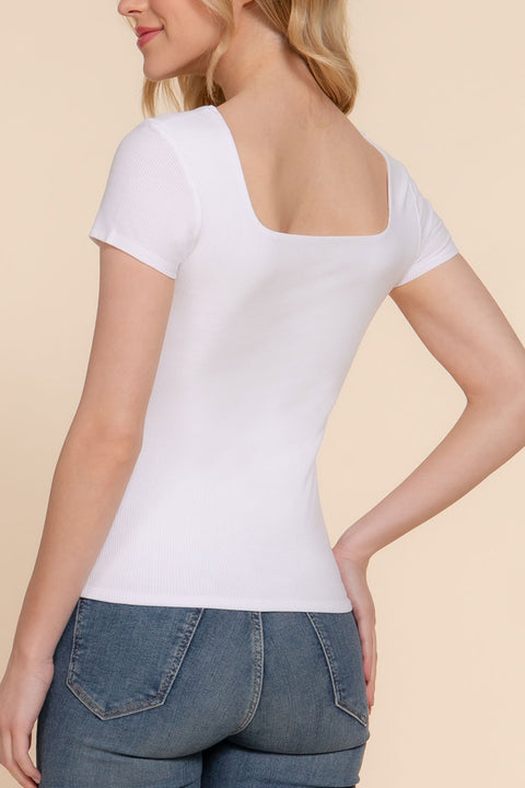Basic Short Sleeve Square Neck Double Layer Rib Knit Top