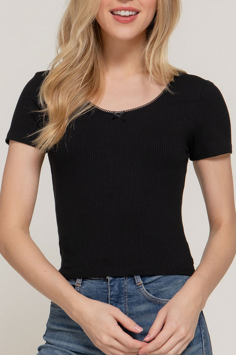 Basic Short Sleeve Lace & Satin Bow Rib Knit Top
