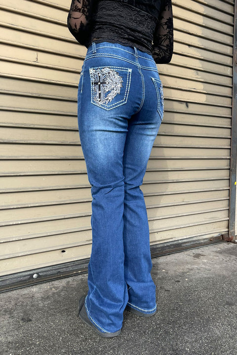 2000s Style Cross & Angel Wings Shape Rhinestone Bling Back Pocket Bootcut Jean with Good Stretch