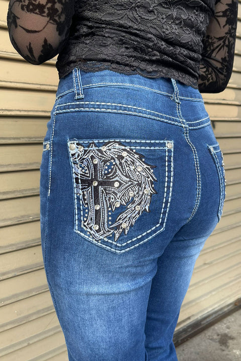 2000s Style Cross & Angel Wings Shape Rhinestone Bling Back Pocket Bootcut Jean with Good Stretch