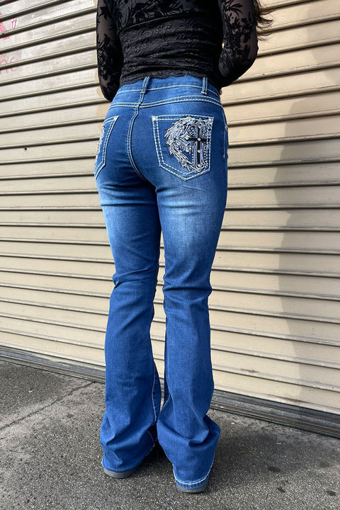 2000s Style Cross & Angel Wings Shape Rhinestone Bling Back Pocket Bootcut Jean with Good Stretch