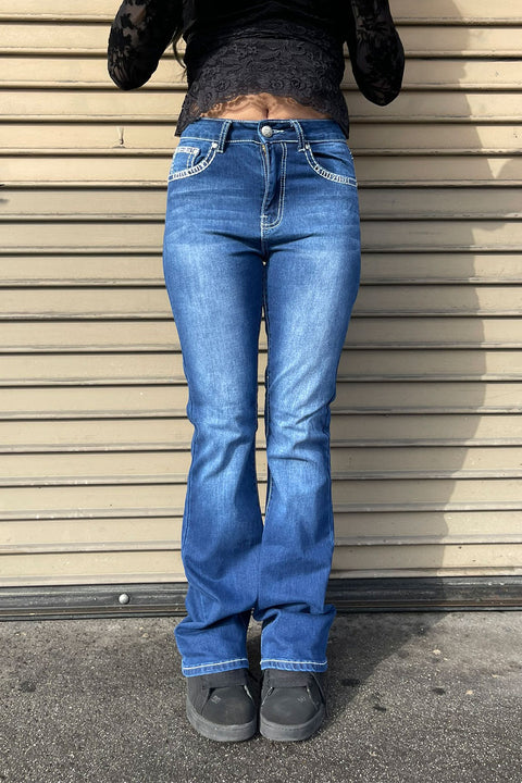 2000s Style Cross & Angel Wings Shape Rhinestone Bling Back Pocket Bootcut Jean with Good Stretch