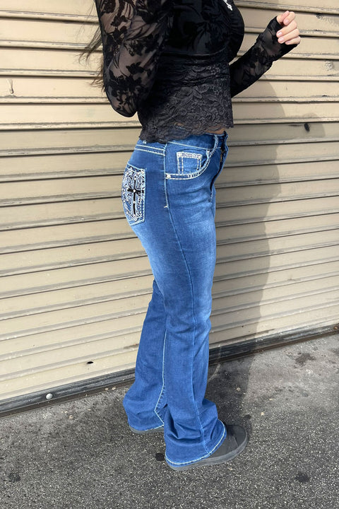 2000s Style Cross & Angel Wings Shape Rhinestone Bling Back Pocket Bootcut Jean with Good Stretch