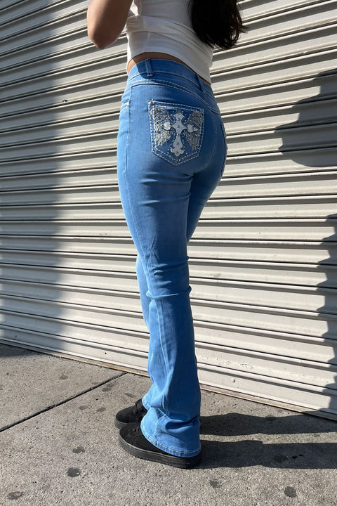 2000s Style Cross & Angel Wings Shape Rhinestone Bling Back Pocket Bootcut Jean with Good Stretch