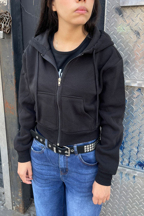 Basic Fleece Zip Up Long Sleeve Hoodie Jacket with Kangaroo Pocket