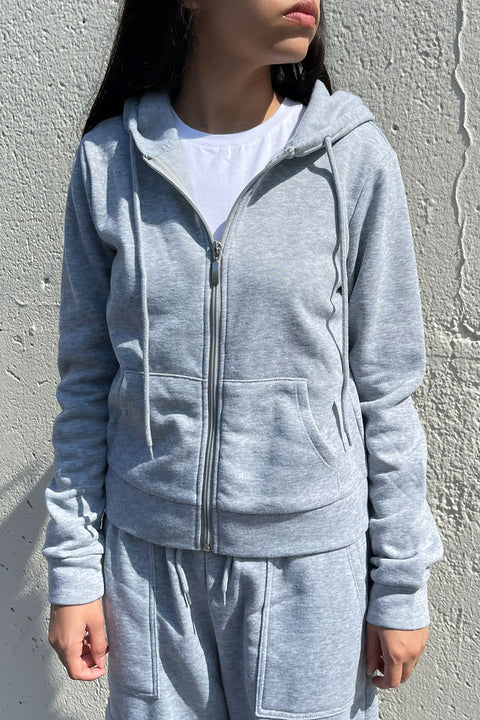 Basic Fleece Zip Up Long Sleeve Hoodie Jacket with Kangaroo Pocket