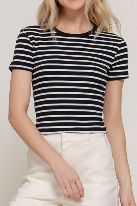 Basic Short Sleeve Stripe Cotton Rib Top