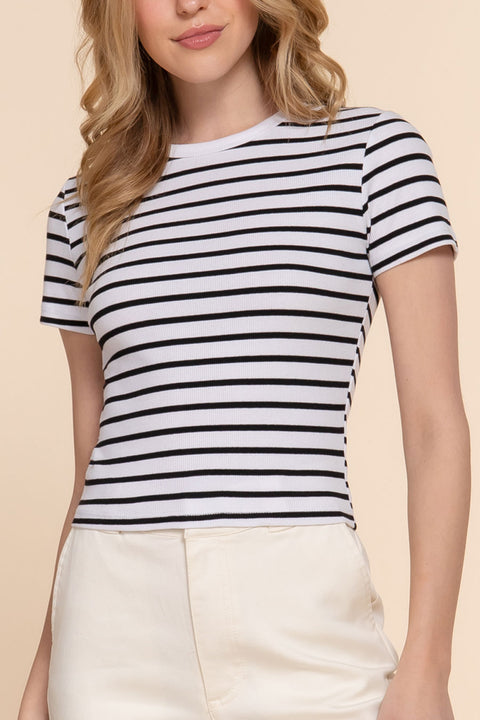 Basic Short Sleeve Stripe Cotton Rib Top