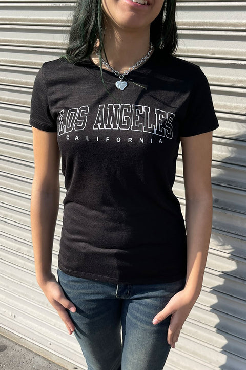 Basic Los Angeles Print Graphic Short Sleeve Fitted Slub Tee