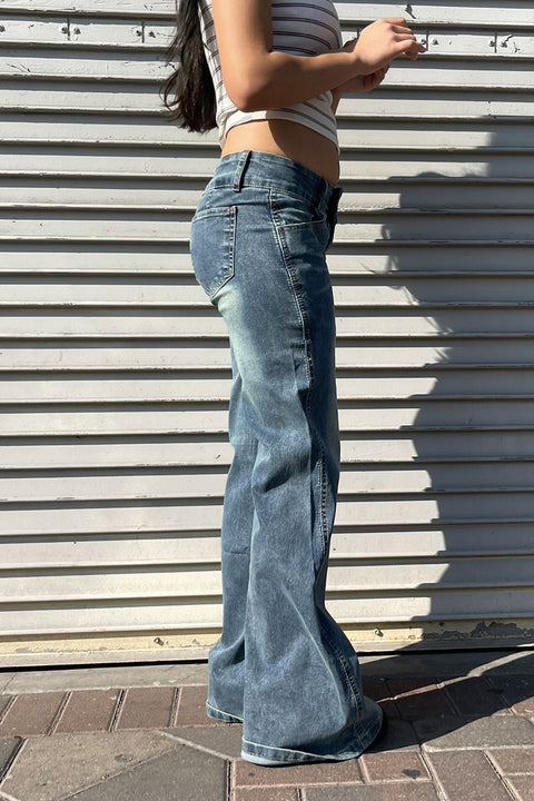 2000s Dual-Button Low Rise Vintage Wash Flare Jean