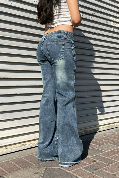 2000s Dual-Button Low Rise Vintage Wash Flare Jean