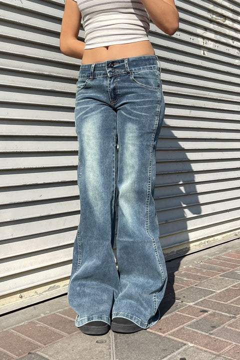 2000s Dual-Button Low Rise Vintage Wash Flare Jean