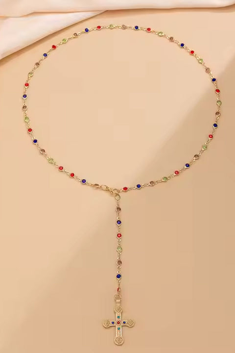 AHS Streetwear Multi-Color Crystal Rosary Faux Gold Necklace