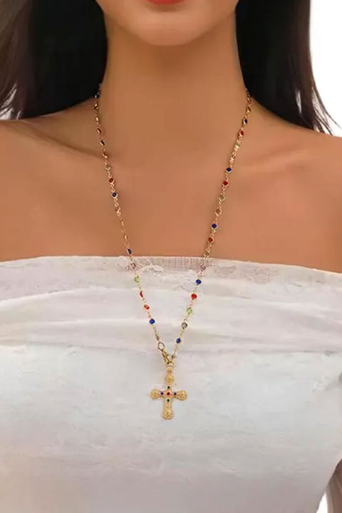 AHS Streetwear Multi-Color Crystal Rosary Faux Gold Necklace