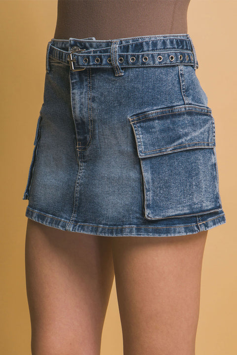 Belted Denim Cargo Mini Skirt